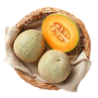 Cantaloupe melon in a basket top view isolate on transparency background png