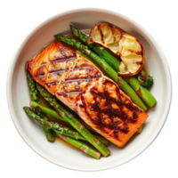 grilled salmon and asparagus in a bowl top view isolate on transparency background png