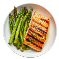 grilled salmon and asparagus in a bowl isolate on transparency background png