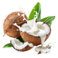 Whole and cut coconuts with milk splashing and green leaves isolate on transparency background png