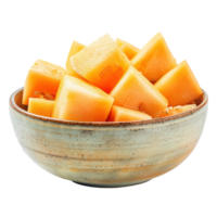 Sliced pieces of Cantaloupe melon in bowl front view isolate on transparency background png