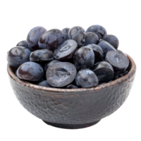 Sliced pieces of Blue grapes in bowl front view isolate on transparency background png