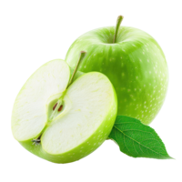 Green Apple whole and a half, clipping path isolate on transparency background png