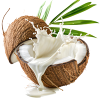 Whole and cut coconuts with milk splashing and green leaves isolate on transparency background png