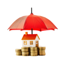 Umbrellar protection Small house model on stack gold coins isolate on transparency background png