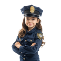 Smiling little girl wearing police uniform standing side view isolate on transparency background png