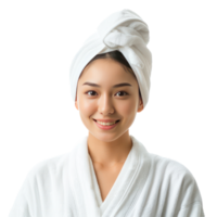 Smiling beautiful young woman in white towel standing pose after bath front view isolate on transparency background png
