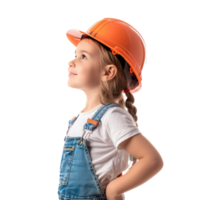 Smiling little girl wearing hard hat construction worker uniform standing side view isolate on transparency background png