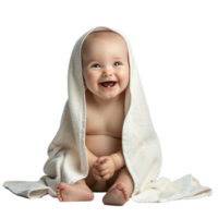 Smiling cute baby sitting wrap in towel after bathing side view isolate on transparency background png