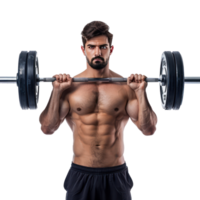 Young man with barbell training, weightlifting concept front view isolate on transparency background png