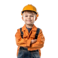 Smiling little boy wearing hard hat construction worker uniform standing front view isolate on transparency background png