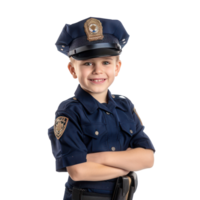 Smiling little boy wearing police uniform standing side view isolate on transparency background png