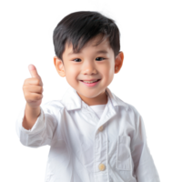 Smiling little boy wearing layer uniform standing with hand gesture giving thumb up isolate on transparency background png