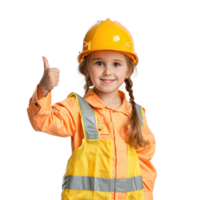 Smiling little girl wearing hard hat construction worker uniform standing with hand gesture giving thumb up front view isolate on transparency background png
