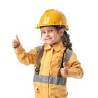 Smiling little girl wearing hard hat engineer uniform standing with hand gesture giving thumb up side view isolate on transparency background png