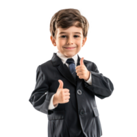 Smiling little boy wearing lawyer uniform standing with hand gesture giving thumb up front view isolate on transparency background png