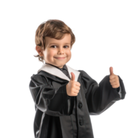 Smiling little boy wearing lawyer uniform standing with hand gesture giving thumb up side view isolate on transparency background png