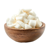 Sliced pieces of Coconut in bowl front view isolate on transparency background png