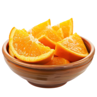 Sliced pieces of Orange in bowl front view isolate on transparency background png