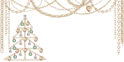 New Year tree made of gold chains. Isolated watercolor illustration on New Year, Christmas theme for design of postcards, invitations, holiday packaging. png