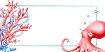 Rectangular frame with corals and octopus on the theme of the sea. Isolated watercolor illustration, blank for a postcard, for the design of invitations to a sea holiday, birthday. png
