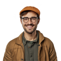 Portrait of a smiling man wearing glasses and a cap on black background png