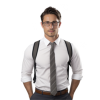 A man in glasses and a tie standing with his hands in his pockets png