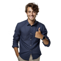 A man in a blue shirt is giving the thumbs up png