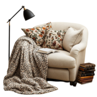 A chair with a blanket and books on a table png