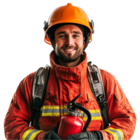 A man in a fireman's uniform holding a fire extinguisher png