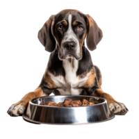 A dog is sitting in front of a bowl of food png
