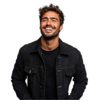 A man in a black jacket laughing png