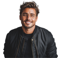 A man with glasses and a black jacket smiling png
