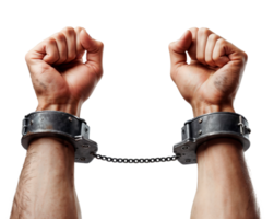 Cut out of a raised arms with shackles, chained, symbolizing the struggle against oppression and the pursuit of freedom png