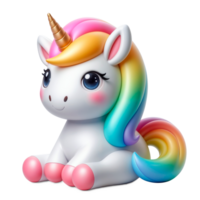 Adorable 3d rendered unicorn with rainbow mane and tail, sitting and smiling, isolated on transparent background png