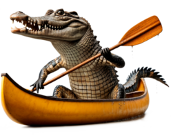 A humorous scene of a realistic crocodile rowing a canoe isolated on white background png