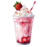 Collection of . Watercolor painting of a strawberry milkshake with whipped cream and a strawberry on top, isolated on a transparency background. png
