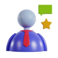 A 3D representation of a user icon with a speech bubble and star, symbolizing feedback or recognition. png