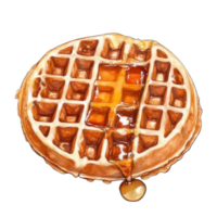 Collection of . Watercolor painting of single golden waffle with a generous drizzle of syrup, isolated on a transparency background. png