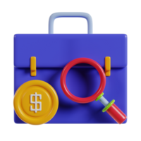 A colorful briefcase with a magnifying glass and a dollar coin, symbolizing finance and analysis. png