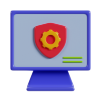 A stylized computer monitor featuring a shield and gear icon, symbolizing cybersecurity. png