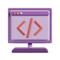 A stylized computer monitor displaying code symbols, representing programming and technology. png