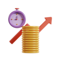 A stylized illustration of a clock, coins, and an upward arrow representing growth and time management. png