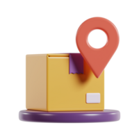 A 3D representation of a delivery box with a location pin, symbolizing shipping and tracking. png