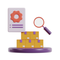 A 3D illustration of boxes with a document and magnifying glass, symbolizing logistics and analysis. png