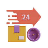 A graphic depicting fast delivery with a package, clock, and the number 24. png