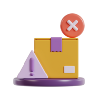 A colorful 3D illustration of a package with an alert symbol and a cancel icon. png
