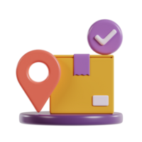 A 3D illustration of a package with a location pin and a checkmark symbolizing delivery tracking. png