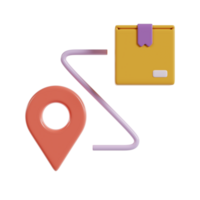 A stylized representation of a delivery process with a location pin and a package. png