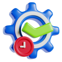 A blue gear icon with a green checkmark and a red clock symbol, representing efficiency and time management. png